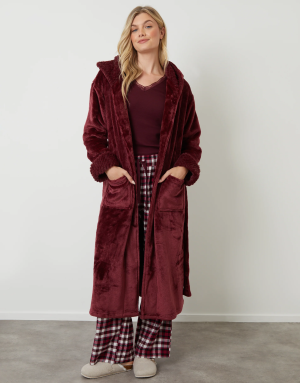 Women's Berry Red Soft Faux Fur Trim Dressing Gown