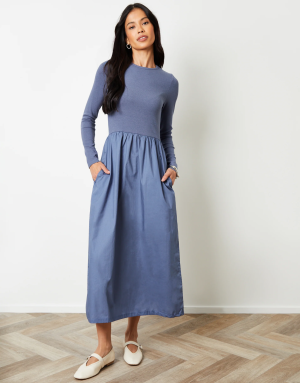 Women's Blue Rib Jersey 2-in-1 Midi Dress with Poplin Skirt