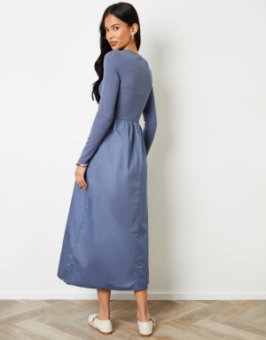 Women’s Blue Rib Jersey 2-in-1 Midi Dress with Poplin Skirt1