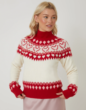 Women's Ecru Love Heart Fair Isle Knitted Jumper
