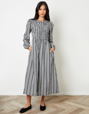 Women's Mono Gingham Check Shirred Detail Midi Dress