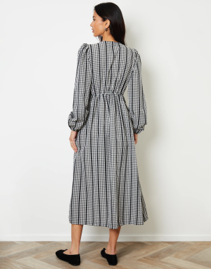 Women’s Mono Gingham Check Shirred Detail Midi Dress1